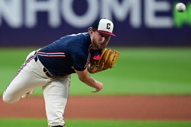 Guardians starter Tanner Bibee delivers in the first inning against the White Sox on Friday, Sept. 12, 2025, in Cleveland. Bibee pitched a two-hitter and struck out 10 in the Guardians' 4-0 win. (David Dermer/AP)