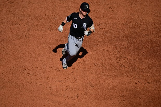 White Sox second baseman Chase Meidroth rounds the bases after hitting a solo home run in the fifth inning against the Guardians on Sunday, Sept. 14, 2025, in Cleveland. (David Dermer/AP)