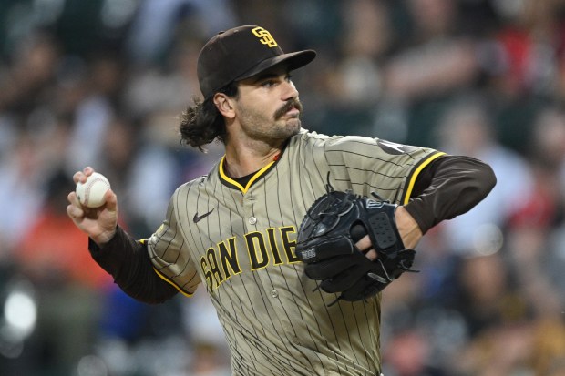 Padres starter Dylan Cease delivers against the White Sox in the first inning on Sept. 19, 2025, at Rate Field. (Daniel Bartel/Getty Images)