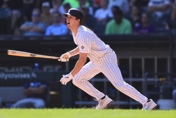 White Sox pinch hitter Kyle Teel hits an RBI single during the sixth inning against the Rays on Sept. 11, 2025, at Rate Field. (Geoff Stellfox/Getty Images)