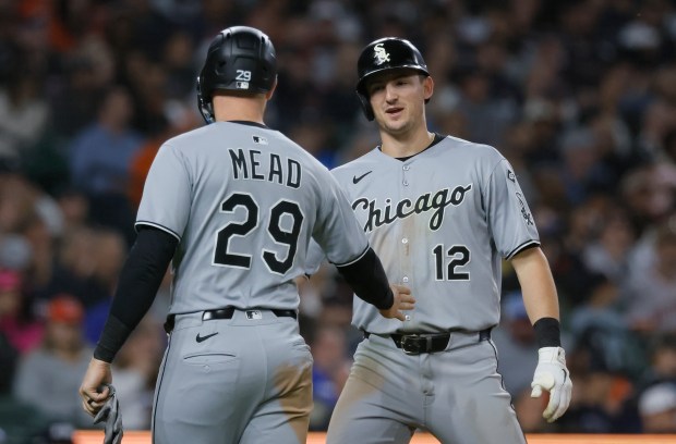 White Sox shortstop Colson Montgomery, right, celebrates with Curtis Mead after hitting a two-run home run in the seventh inning against the Tigers on Sept. 5, 2025, in Detroit. Duane Burleson/Getty Images)