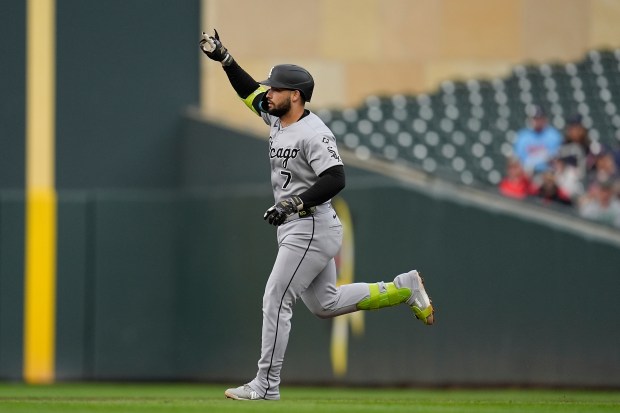 White Sox catcher Edgar Quero rounds the bases after hitting a solo home run in the second inning against the Twins on Sept. 3, 2025, in Minneapolis. (Abbie Parr/AP)