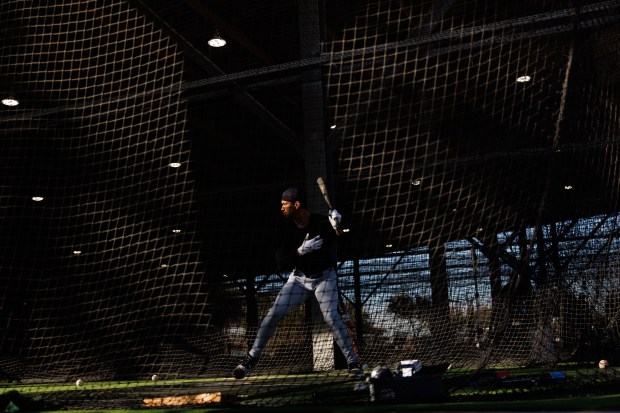 Chicago White Sox outfielder Braden Montgomery hits in the batting cage during spring training at Camelback Ranch Saturday Feb. 15, 2025, in Glendale, Ariz.(Armando L. Sanchez/Chicago Tribune)