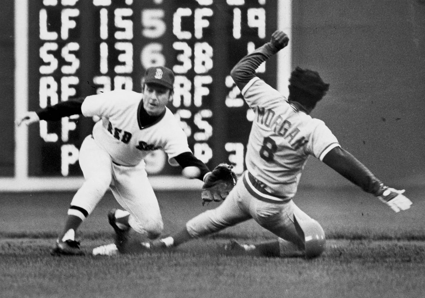 Joe Morgan of the Reds got caught stealing by Red Sox second baseman Denny Doyle in Game 2.