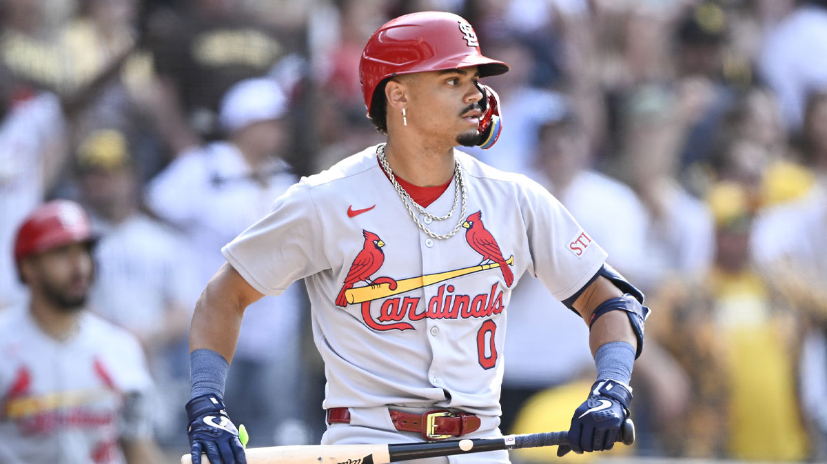 Cardinals shortstop Masyn Winn (0) reacts after lining out