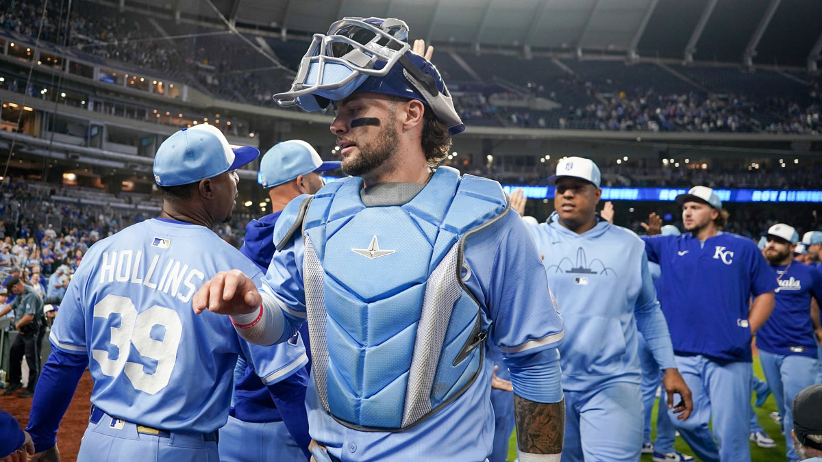 Kansas City Royals designated hitter Carter Jensen (22) celebrates with team mates after the win over the Minnesota Twins at Kauffman Stadium.