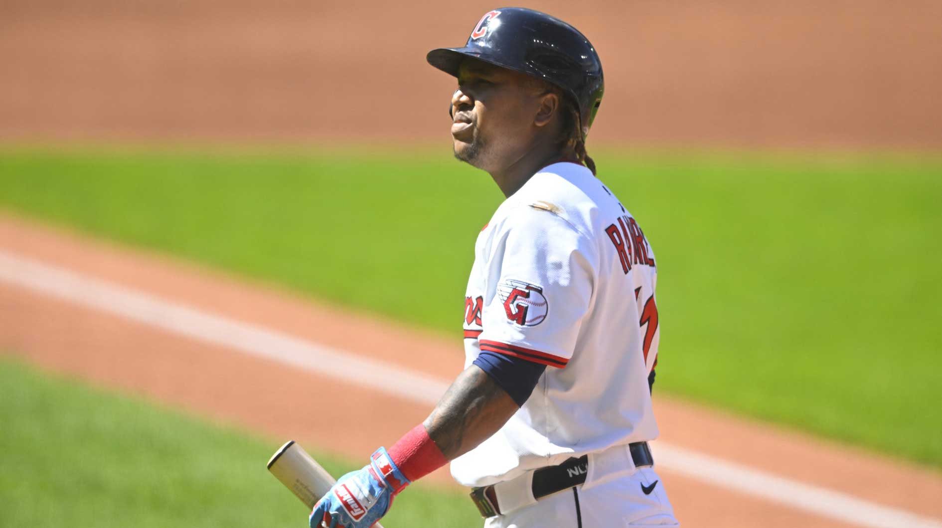 Cleveland Guardians third baseman Jose Ramirez (11) reacts after striking out in the first inning against the St. Louis Cardinals at Progressive Field. Horton