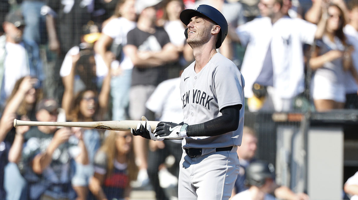 New York Yankees outfielder Cody Bellinger (35) reacts after striking out against the Chicago White Sox during the ninth inning at Rate Field. 