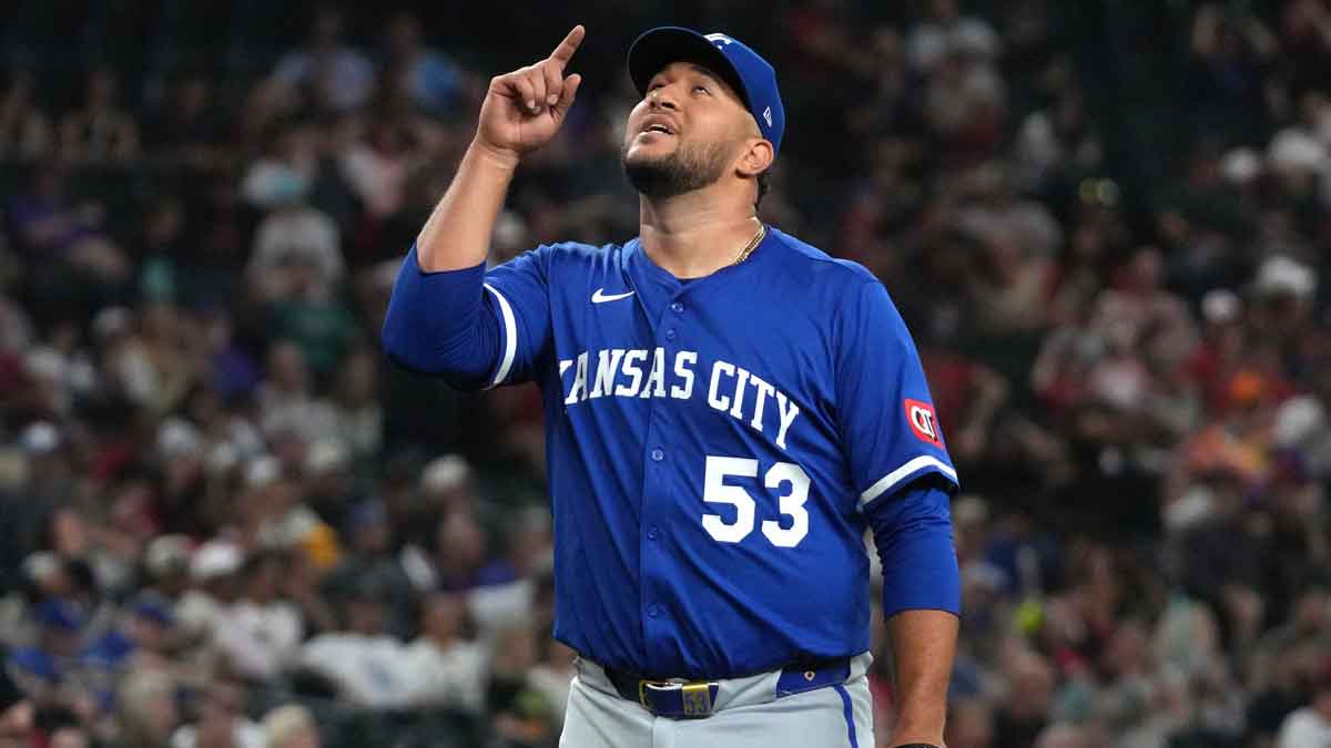 Kansas City Royals pitcher Carlos Estévez (53) reacts after defeating the Arizona Diamondbacks at Chase Field.