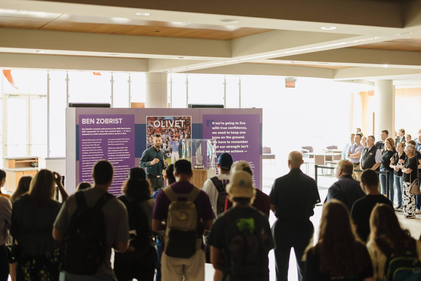 Ben Zobrist, an Olivet Nazarene University alumnus and Chicago Cubs 2016 World Series MVP, speaks to students on Sept. 3, 2025. Zobrist is loaning the World Series MVP trophy to the University to be a permanent fixture inside Olivet’s Perry Recreational Center.