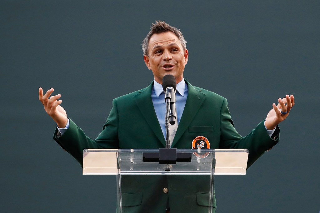Former Baltimore Orioles second baseman Brian Roberts speaks as he is inducted into the Orioles Hall of Fame before game two of a doubleheader between the Boston Red Sox and Baltimore Orioles at Oriole Park at Camden Yards on August 11, 2018 in Baltimore, Maryland. (Photo by Patrick 