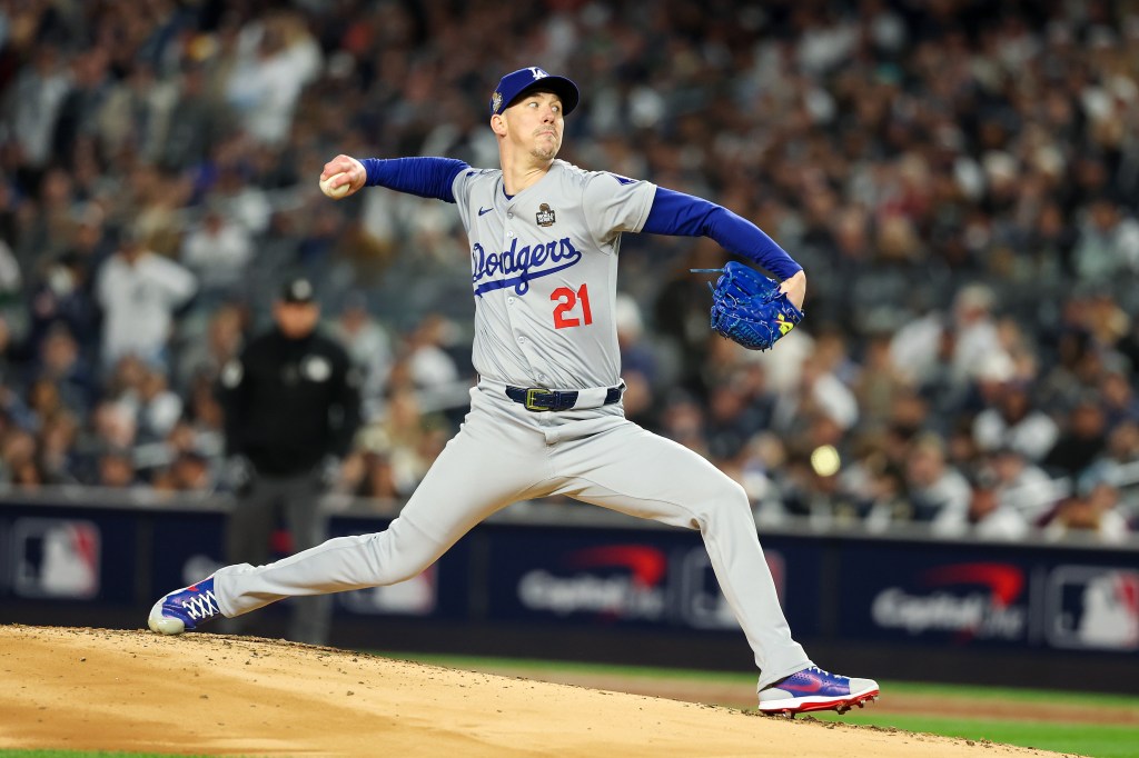 Walker Buehler pitches against the New York Yankees in the first inning during Game Three of the 2024 World Series at Yankee Stadium on October 28, 2024 in the Bronx.