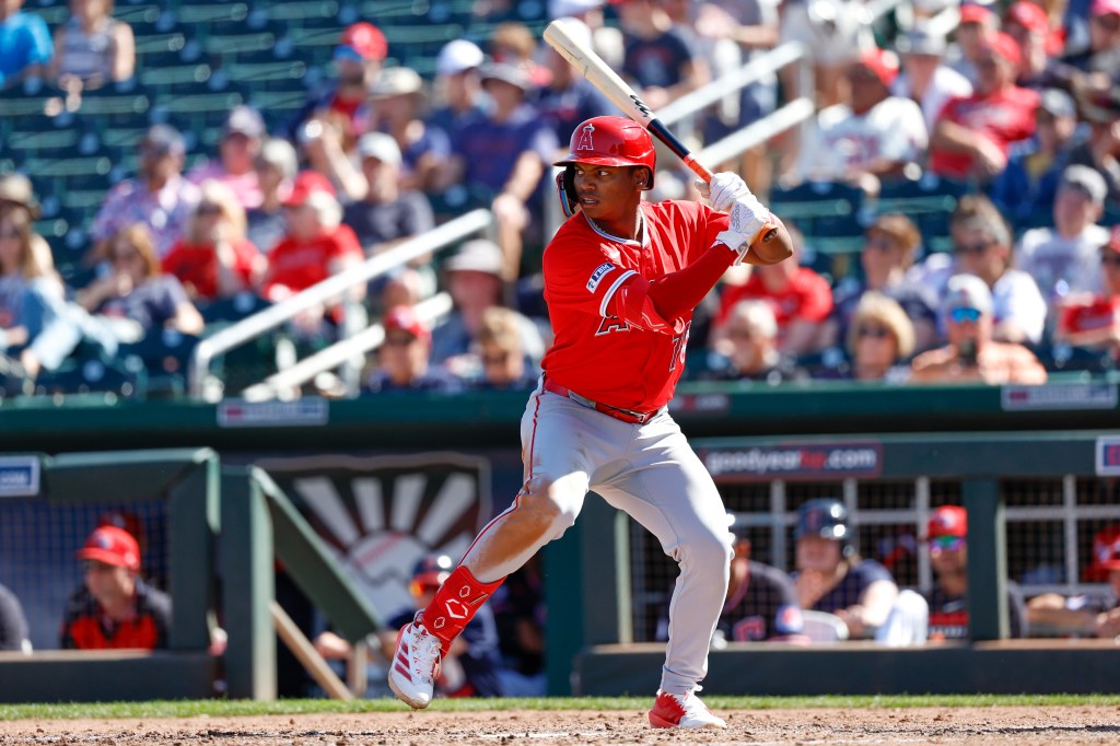 Nelson Rada at bat in the fifth inning during a spring training game against the Cleveland Guardians at Goodyear Ballpark on March 4, 2025 in Goodyear, Arizona. 