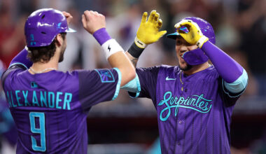 Ildemaro Vargas #6 of the Arizona Diamondbacks celebrates his three run home run with Blaze Alexand...