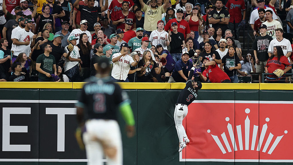 Outfielder Blaze Alexander #9 of the Arizona Diamondbacks vs the Boston Red Sox...