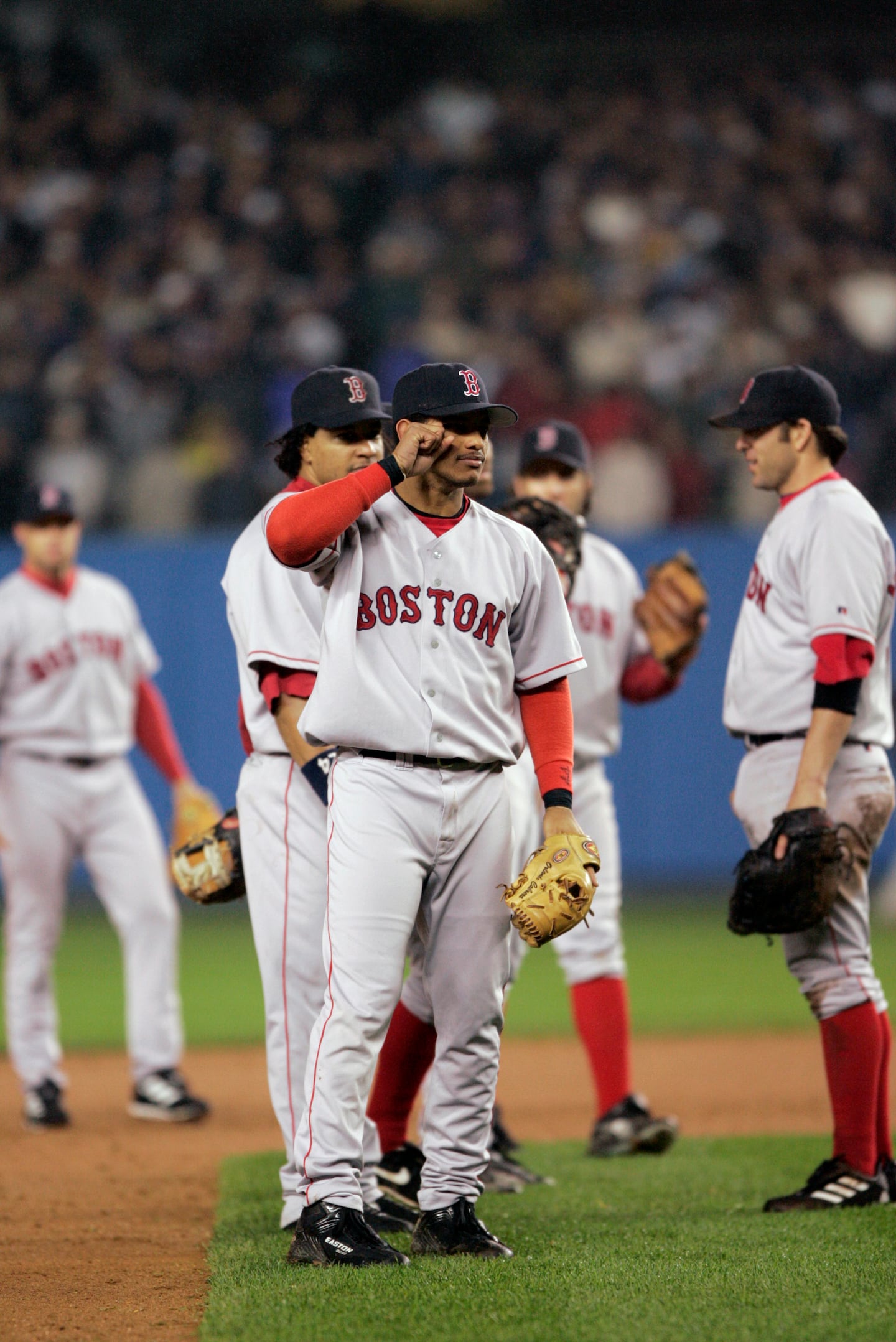 Sox shortstop Orlando Cabrera let Yankees fan know how he felt about them during Game 6, aka the Bloody Sock Game. Cabrera batted .379 and drove in five runs in the series.