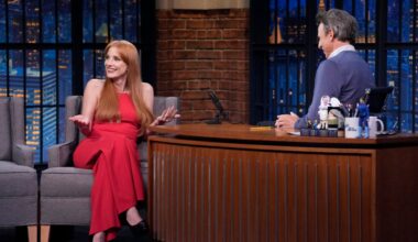From left: Jessica Chastain and Seth Meyers on Monday's episode of "Late Night."