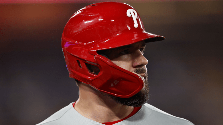 Kyle Schwarber of the Philadelphia Phillies celebrates after hitting a home run during his career-best 2025 season.