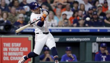 Houston Astros' Jose Altuve swings on his two run home run against the Texas Rangers during the third inning of a baseball game Wednesday, Sept. 17, 2025, in Houston. (AP Photo/Michael Wyke)