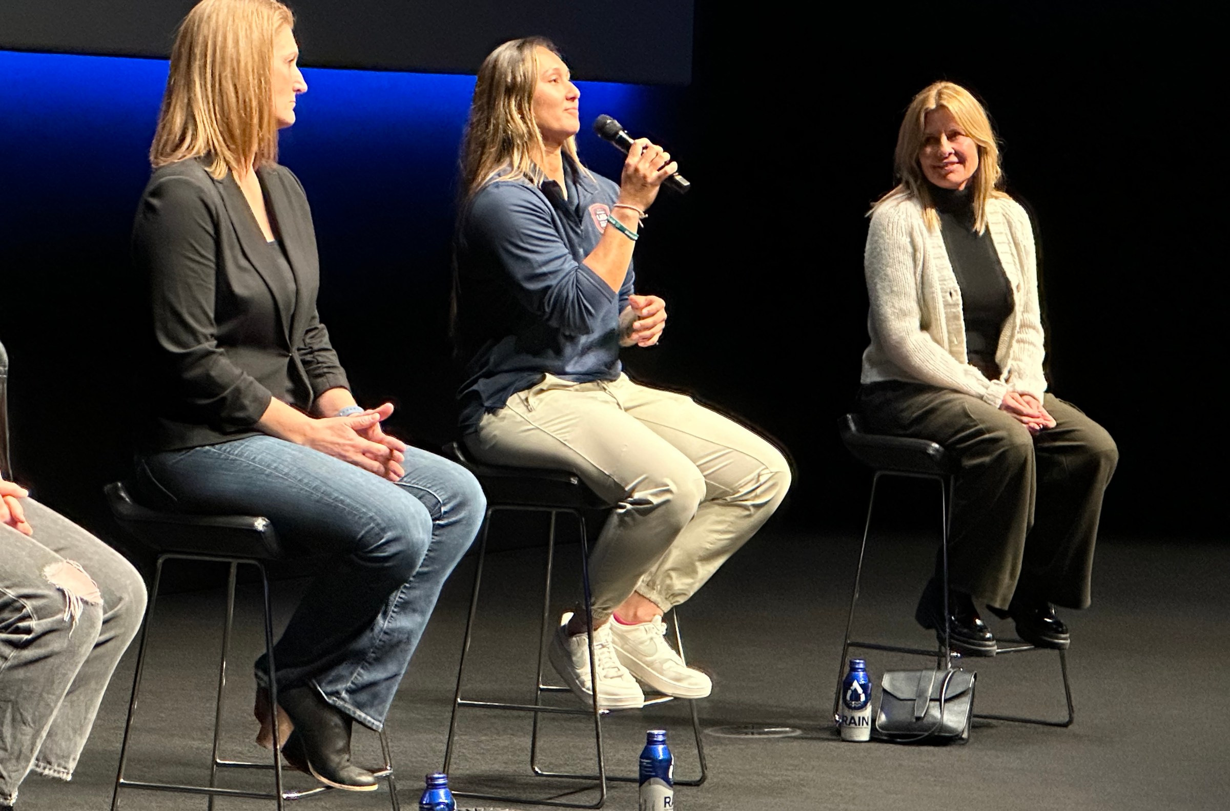 USA Baseball player Kelsey Whitmore talks after a screening of See Her Be Her in February of 2025 as the film’s director, Jean Fruth, sits to her left. (Grassroots Baseball)