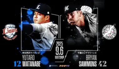 Saitama Seibu Lions pitcher Yutaro Watanabe (left) Chiba Lotte Marines pitcher Sammons (right) ©PLM