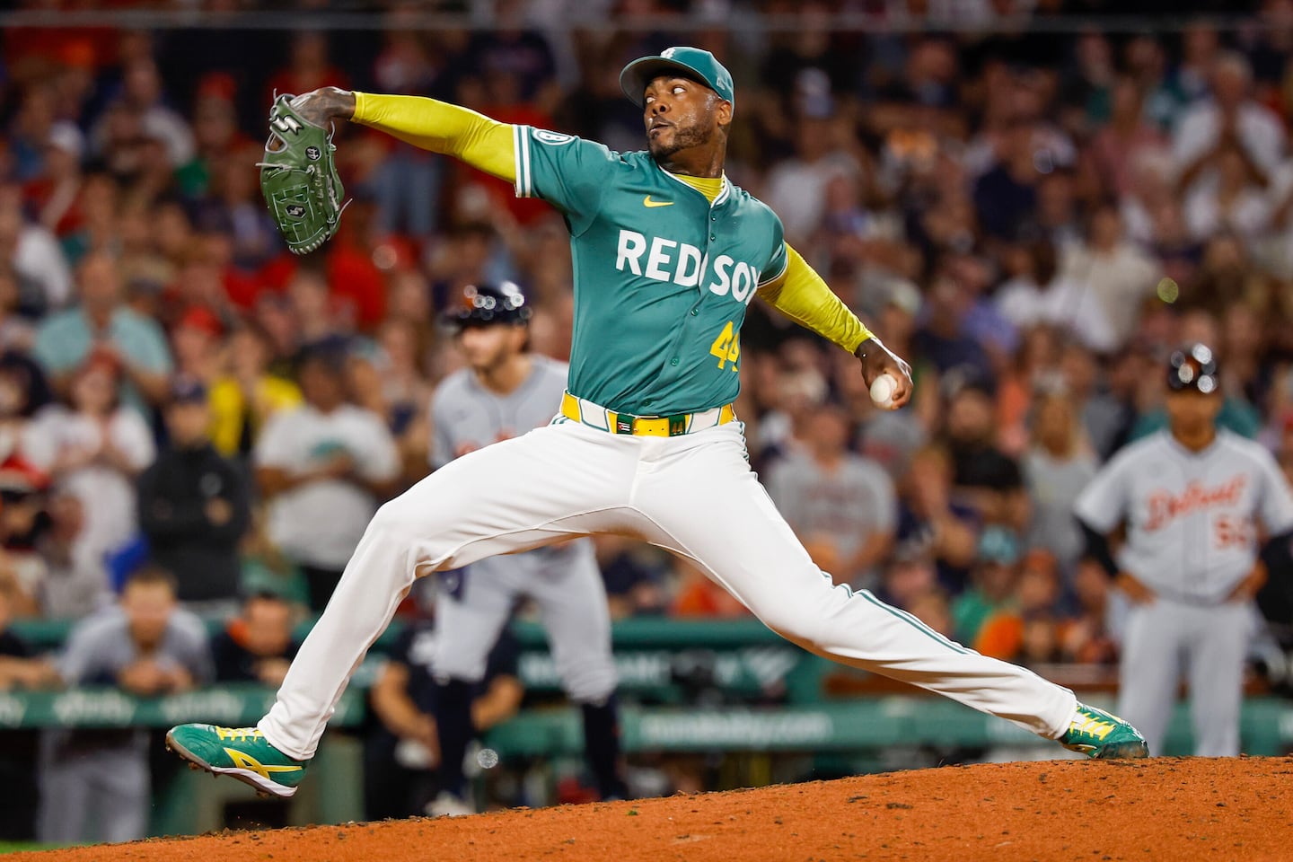 Boston Red Sox pitcher Aroldis Chapman (44) throws in the ninth inning of Friday's baseball game against the Detroit Tigers.
