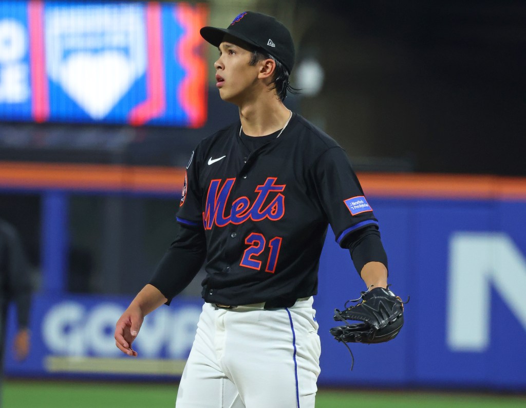 Jonah Tong allowed six runs and failed to get out of the first inning in the Mets' 8-3 loss to the Rangers on Sept. 12, 2025.