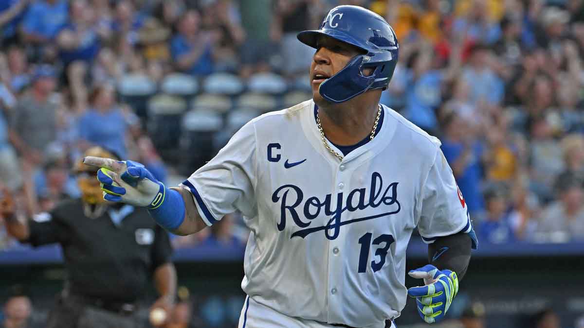 Kansas City Royals first baseman Salvador Perez (13) looks to the dugout after hitting a solo home run in the second inning against the Pittsburgh Pirates at Kauffman Stadium.