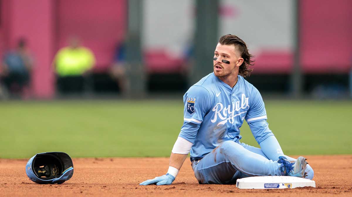 Kansas City Royals shortstop Bobby Witt Jr. (7) after sliding into second base during the first inning against the Detroit Tigers at Kauffman Stadium.