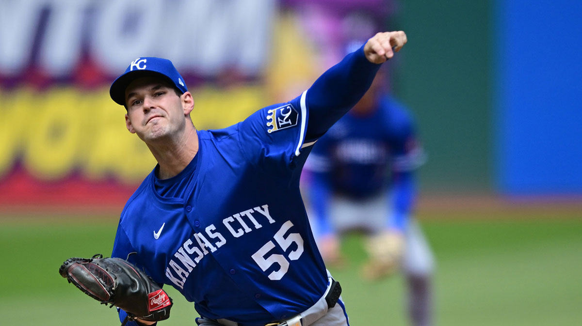 Kansas City Royals starting pitcher Cole Ragans (55) throws a pitch during the first inning against the Cleveland Guardians at Progressive Field.