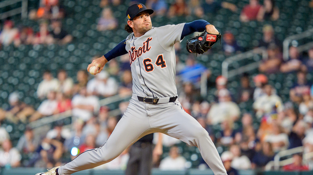 Detroit Tigers pitcher Kyle Finnegan (64) pitches, in the ninth inning, to Minnesota Twins center fielder Byron Buxton (not shown) who would strike out to end the game at Target Field.