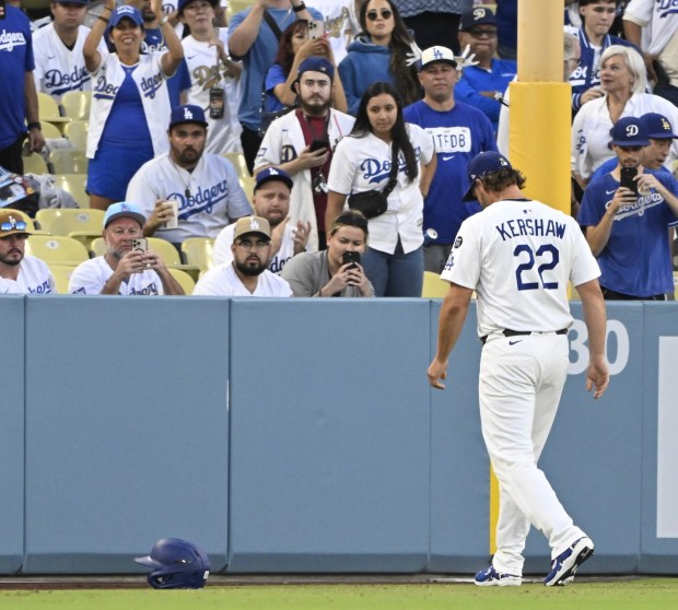 Dodgers starting pitcher Clayton Kershaw prepares before their game against...