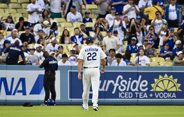 Dodgers starting pitcher Clayton Kershaw prepares before their game against...