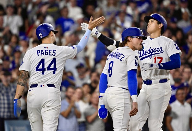 Shohei Ohtani #17 of the Los Angeles Dodgers celebrates with...