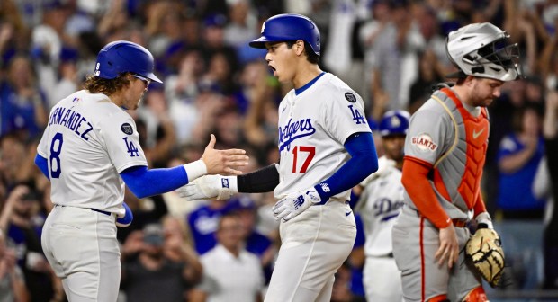 Shohei Ohtani #17 of the Los Angeles Dodgers celebrates with...