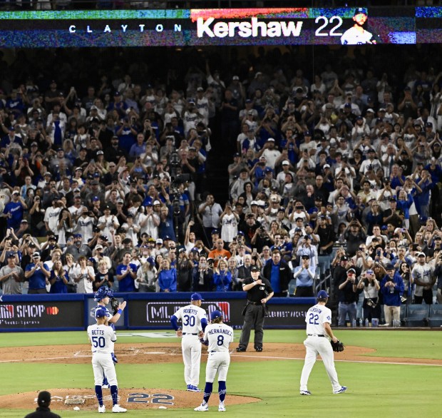 Dodgers starting pitcher Clayton Kershaw (22) walks off the mound...