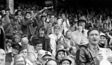 Red Sox fans cheer during Game 1 of the 1975 World Series, which Boston lost to the Reds in seven games.