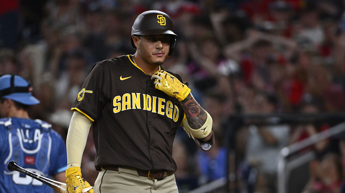 San Diego Padres third baseman Manny Machado (13) reacts after striking out to end the fifth inning against the Washington Nationals at Nationals Park.