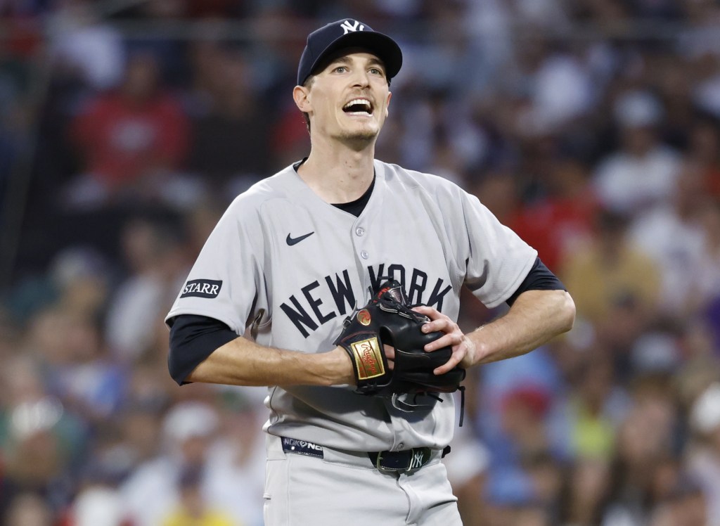 Max Fried, who picked up his 17th win, celebrates after getting out of the fifth inning in the Yankees' 5-3 win over the Red Sox at Fenway Park on Sept. 13, 2025.