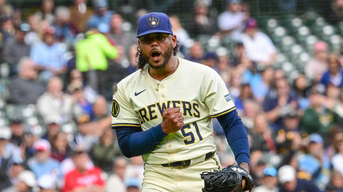 Milwaukee Brewers starting pitcher Freddy Peralta (51) reacts after striking out Philadelphia Phillies third baseman Alec Bohm (not pictured) with the bases loaded in the fourth inning at American Family Field.
