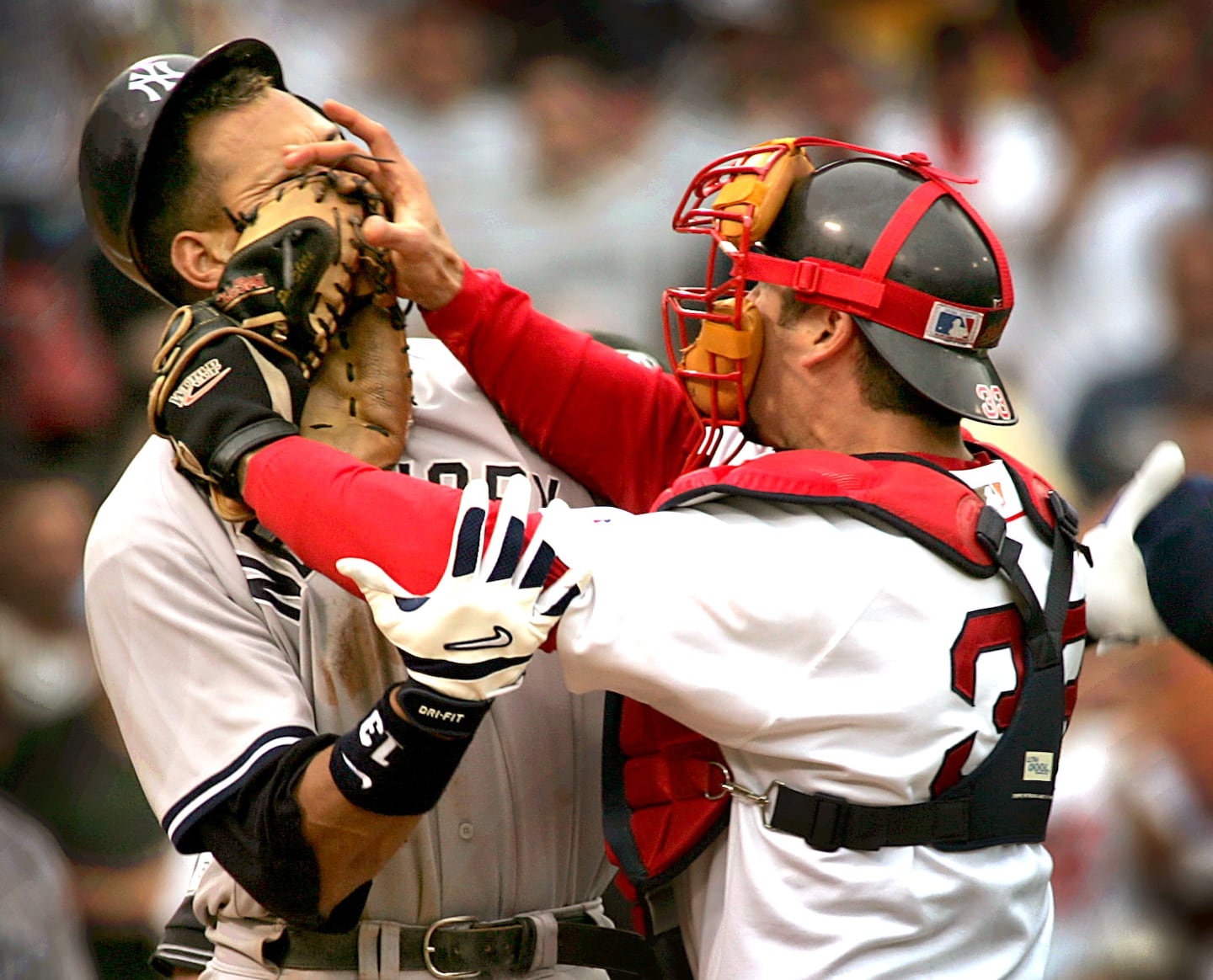 Sox catcher Jason Varitek took out some of his frustration on Yankees third baseman Alex Rodriguez during a regular season brawl at Fenway Park. 