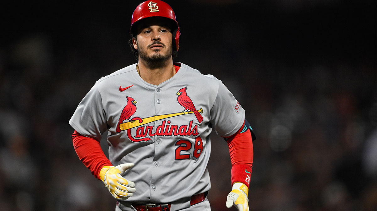 St. Louis Cardinals third baseman Nolan Arenado (28) runs home after his solo home run against the San Francisco Giants during the seventh inning at Oracle Park.