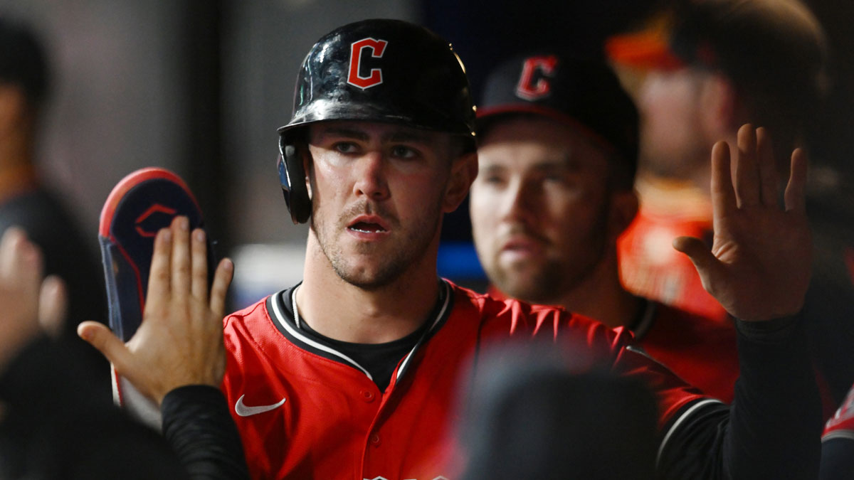 Cleveland Guardians center fielder Nolan Jones (22) celebrates after scoring against the Seattle Mariners during the eighth inning at Progressive Field.
