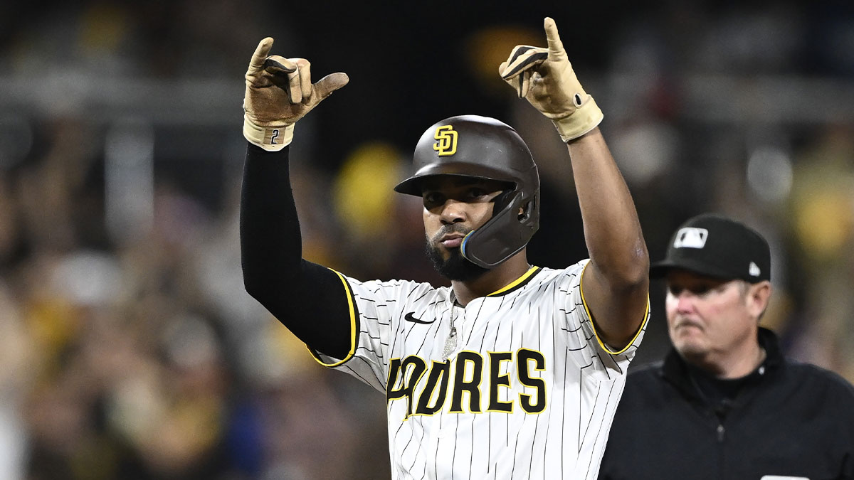 Padres shortstop Xander Bogaerts (2) celebrates after hitting an RBI double during the eighth inning against the Los Angeles Dodgers at Petco Park