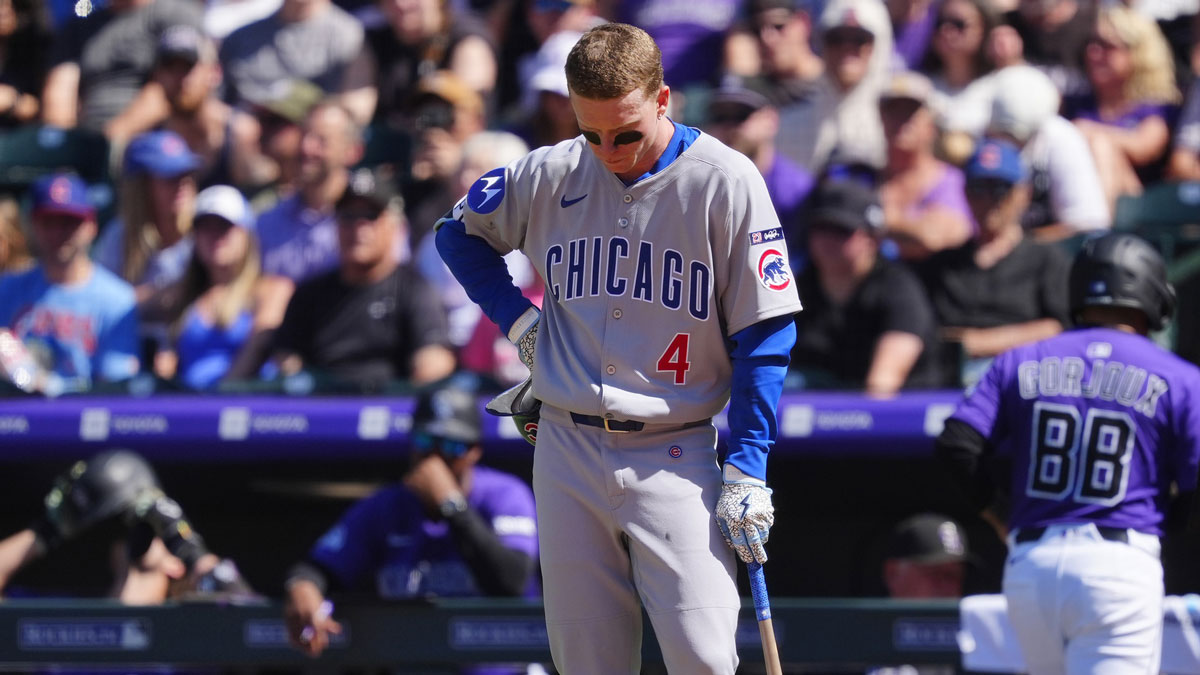 Chicago Cubs center fielder Pete Crow-Armstrong (4) reacts after a ground out in the fourth inning against the Colorado Rockies at Coors Field.