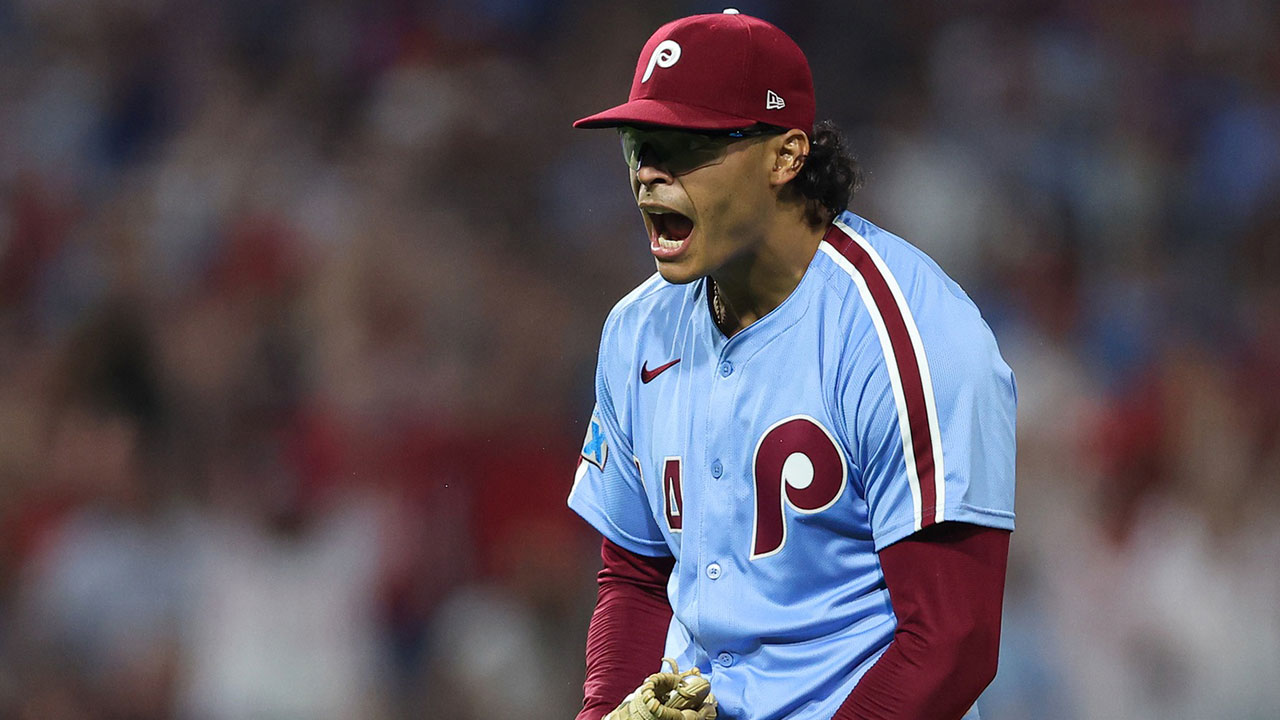 Philadelphia Phillies pitcher Jesús Luzardo (44) reacts after pitching a strike out to end the New York Mets eighth inning at Citizens Bank Park.