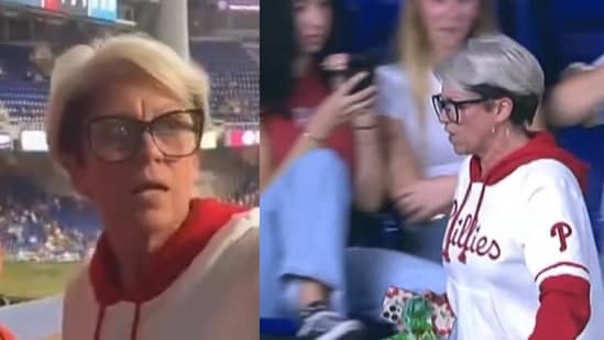 The viral 'Phillies Karen' woman at the Phillies vs Marlins game on Friday.(X)