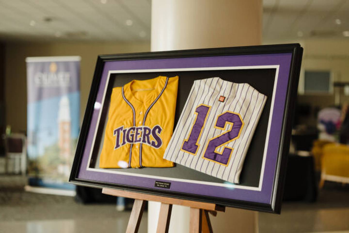The jersey worn by Ben Zobrist, an Olivet Nazarene University alumnus and Chicago Cubs 2016 World Series MVP, is displayed on Sept. 3, 2025, as Zobrist visited the campus along with his World Series MVP trophy, which will be a permanent fixture inside Olivet’s Perry Recreational Center.