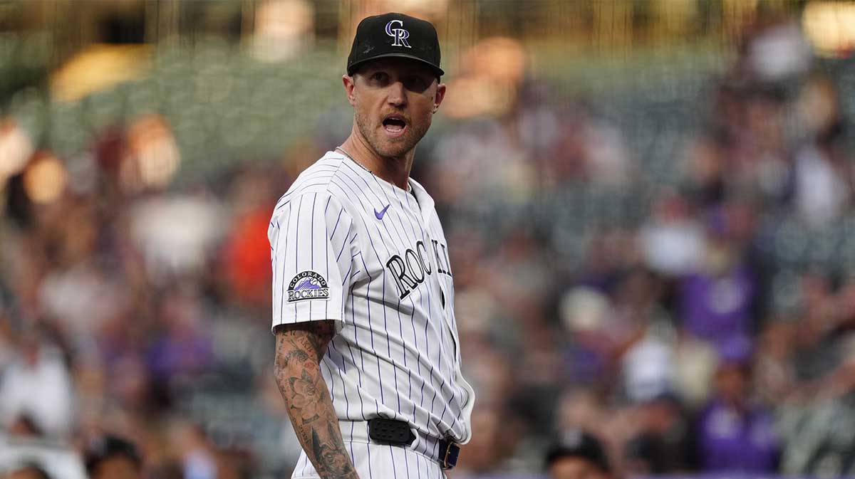 Colorado Rockies starting pitcher Kyle Freeland (21) reacts back to the San Francisco Giants bench after being ejected in the first inning at Coors Field.
