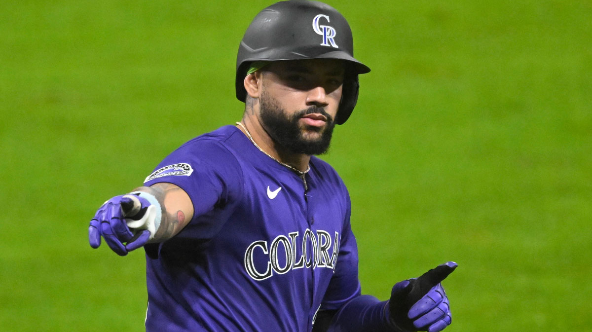 Colorado Rockies first baseman Warming Bernabel (25) celebrates his solo home run in the sixth inning against the Cleveland Guardians at Progressive Field.